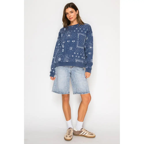 All-Over Bandana Print Relaxed Crewneck Sweatshirt - Pullover