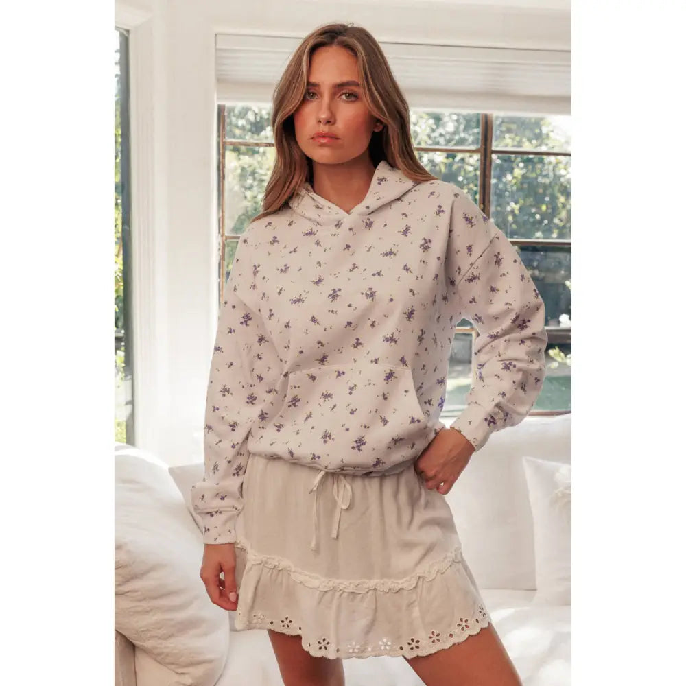 All Over Floral Printed Oversized Hoodie - White Lavender - Hoodies