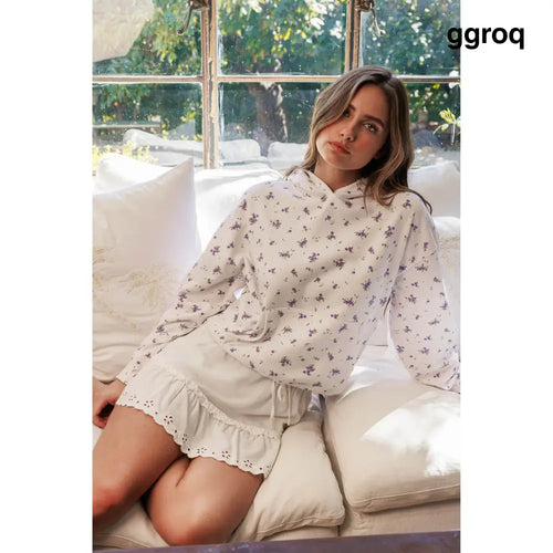 All Over Floral Printed Oversized Hoodie - White Lavender - Hoodies