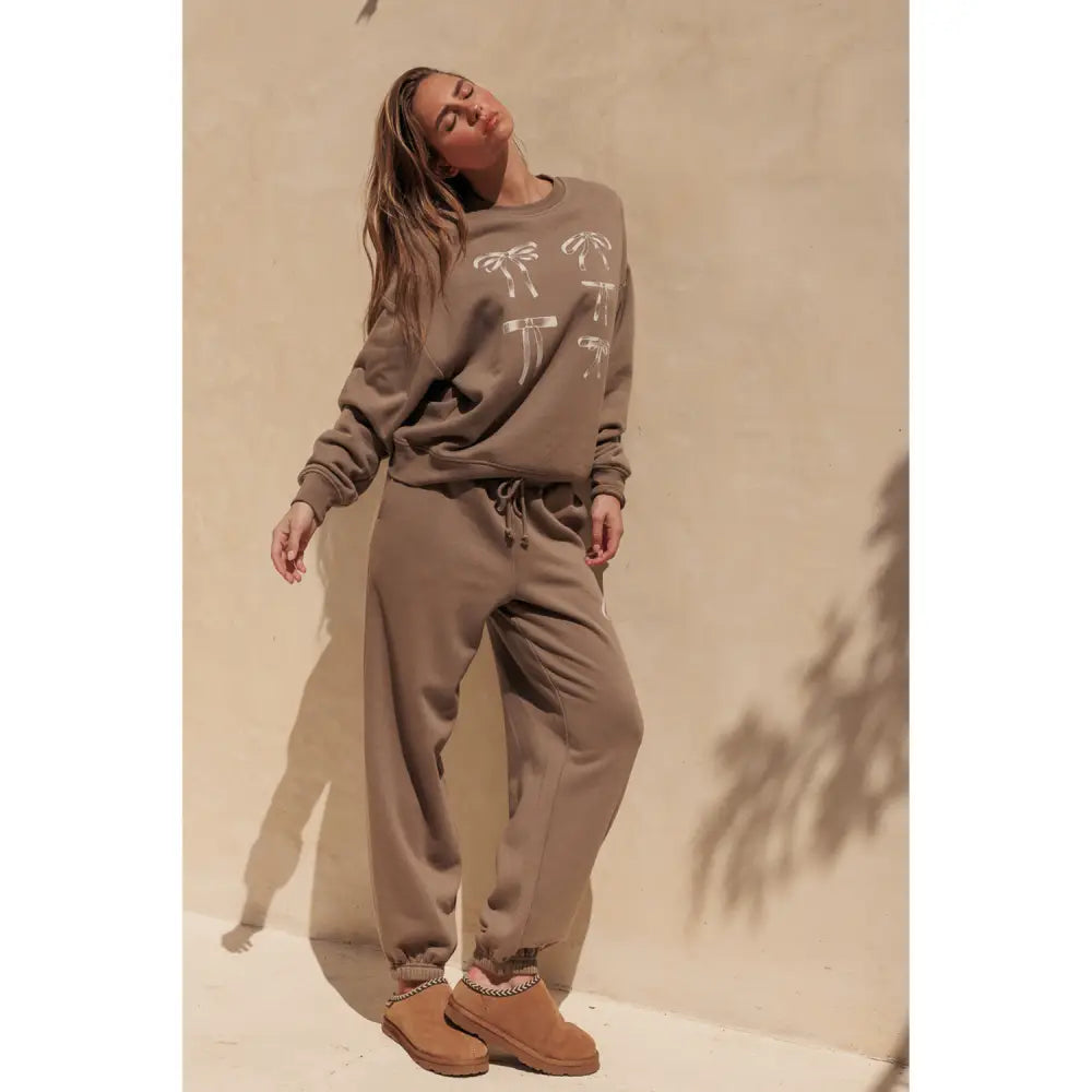 Bow Graphic Print Oversized Crewneck Sweatshirt - Pullover