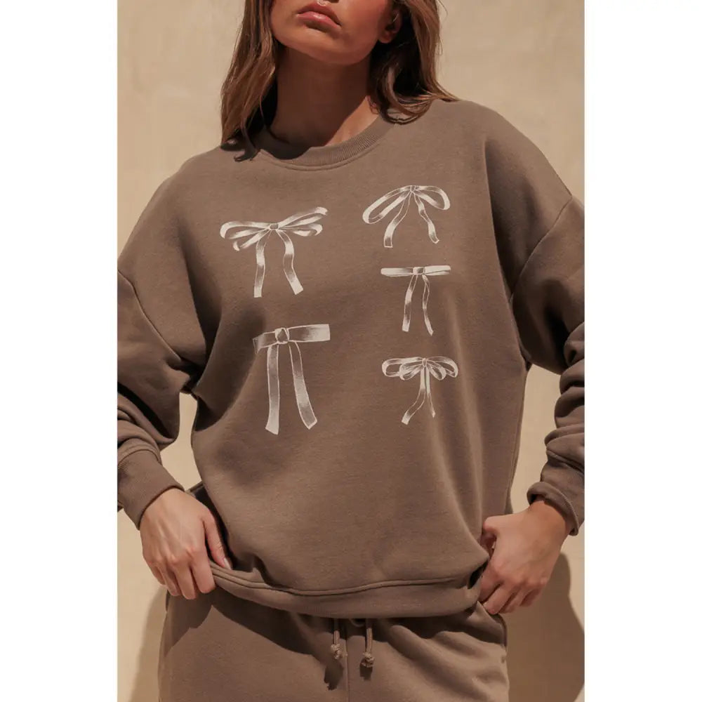 Bow Graphic Print Oversized Crewneck Sweatshirt - Pullover