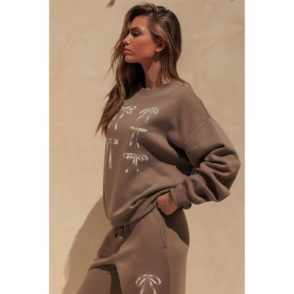 Bow Graphic Print Oversized Crewneck Sweatshirt - Pullover