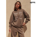 Bow Graphic Print Oversized Crewneck Sweatshirt - Wild Mushroom Brown / S - Pullover