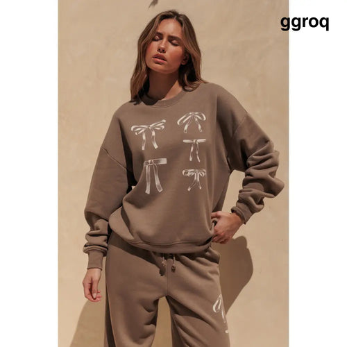 Bow Graphic Print Oversized Crewneck Sweatshirt - Wild Mushroom Brown / S - Pullover