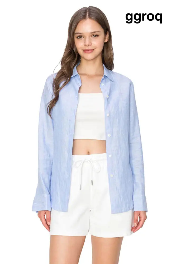 Classic Fit Linen Button Down Shirt Casual Chic - Light Blue / XS - Shirts