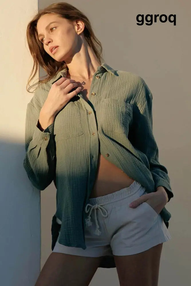 Crinkle Gauze Open Front Button-Down Shirt - Dark Green / S - Shirts