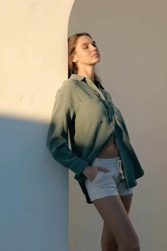 Crinkle Gauze Open Front Button-Down Shirt - Shirts