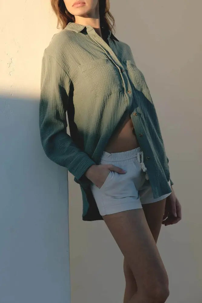 Crinkle Gauze Open Front Button-Down Shirt - Shirts