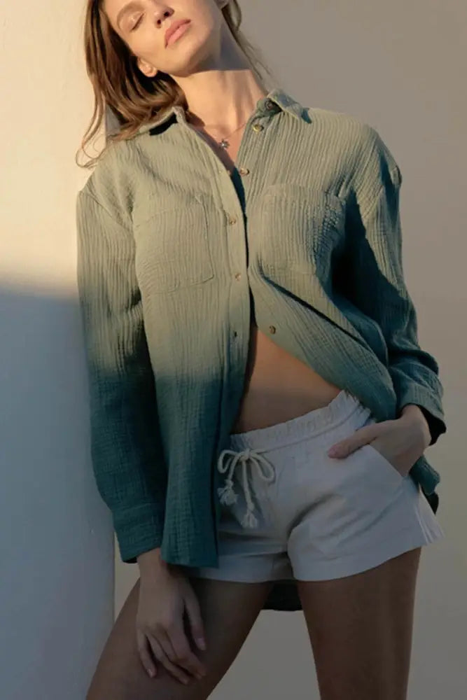 Crinkle Gauze Open Front Button-Down Shirt - Shirts