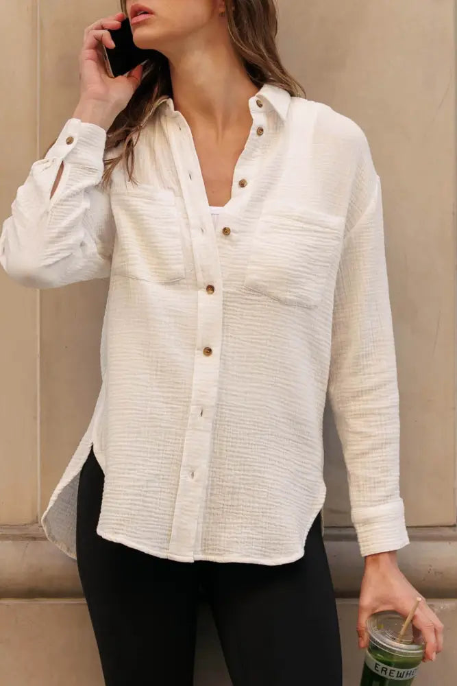 Crinkle Gauze Open Front Button-Down Shirt - Shirts