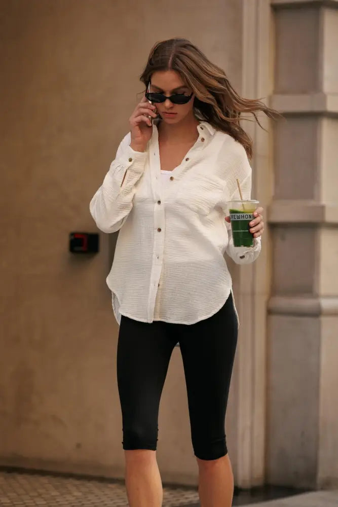 Crinkle Gauze Open Front Button-Down Shirt - White / S - Shirts