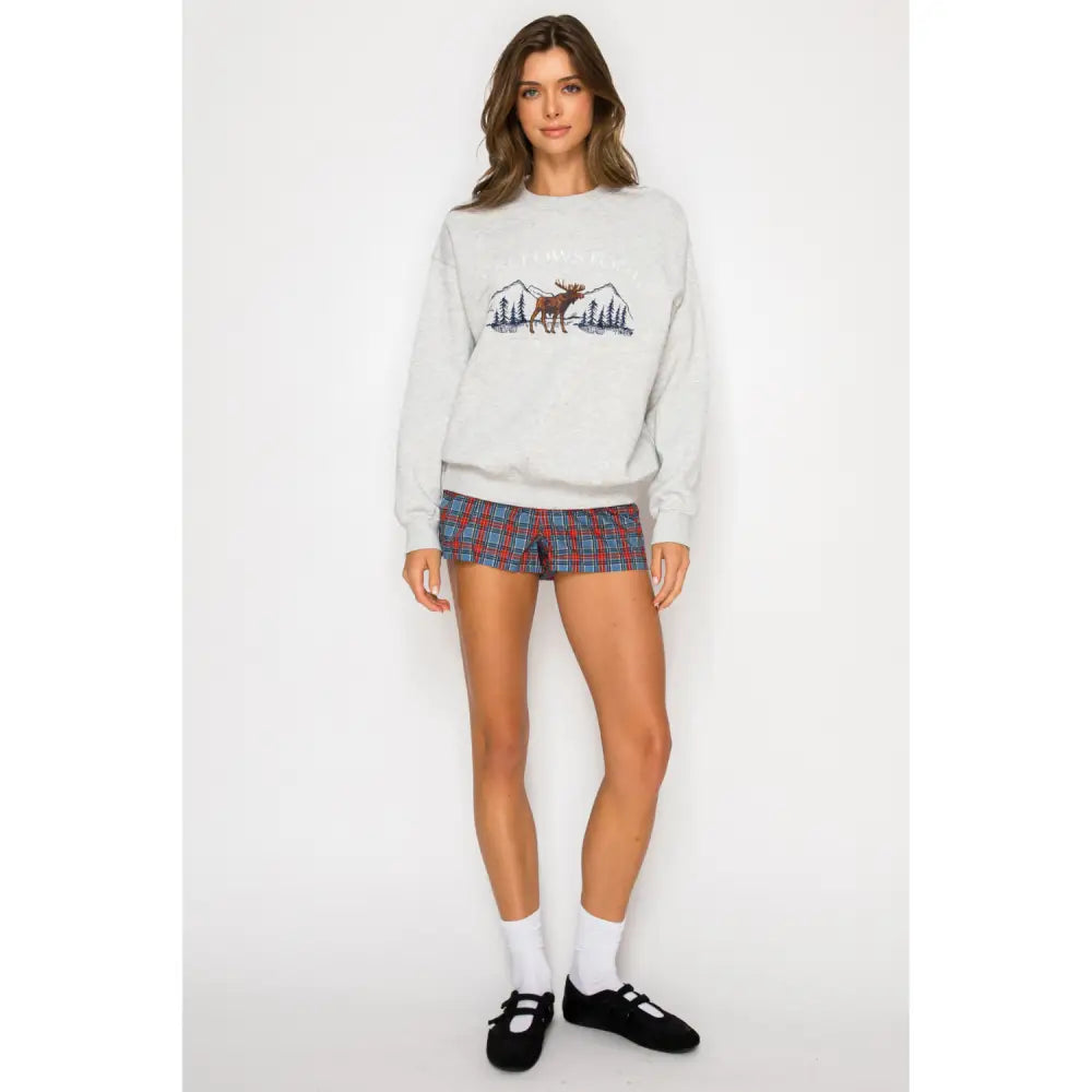Embroidered Yellowstone Oversized Fleece Crewneck Sweatshirt - Pullover