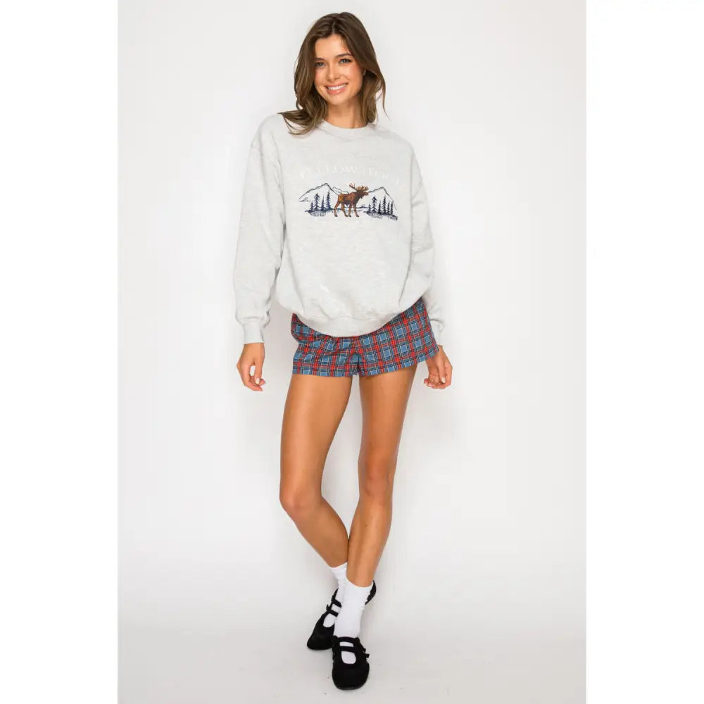 Embroidered Yellowstone Oversized Fleece Crewneck Sweatshirt - Pullover