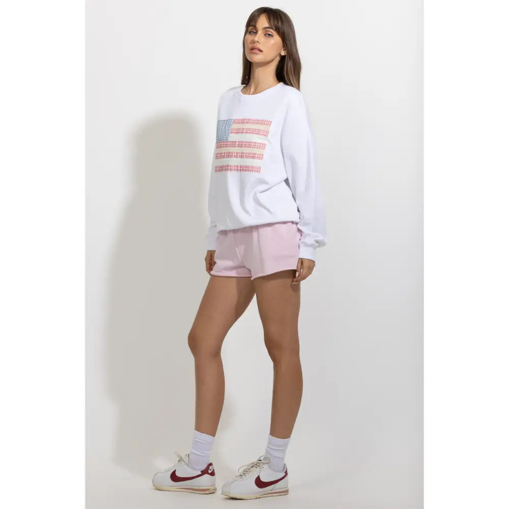 Gingham Patchwork Flag Crewneck Sweatshirt - Sweatshirts