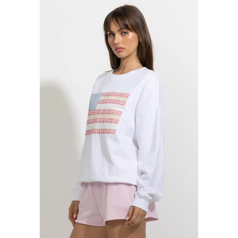 Gingham Patchwork Flag Crewneck Sweatshirt - Sweatshirts