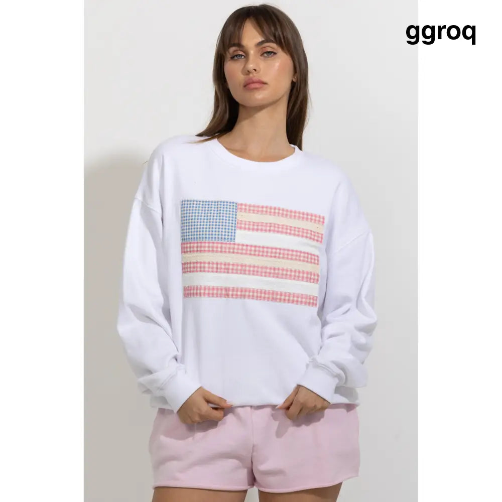 Gingham Patchwork Flag Crewneck Sweatshirt - Sweatshirts
