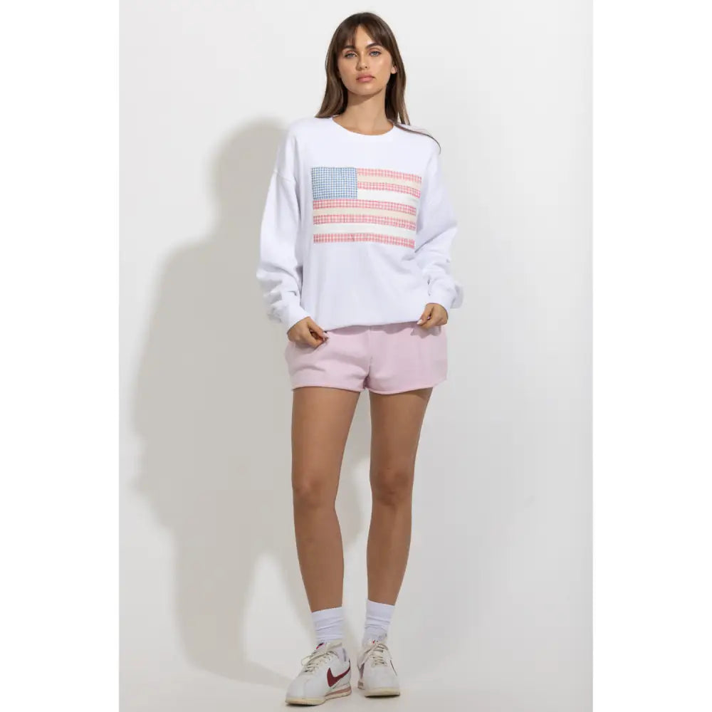 Gingham Patchwork Flag Crewneck Sweatshirt - Sweatshirts