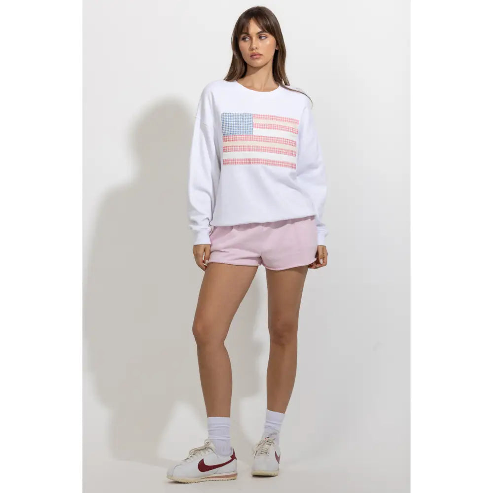 Gingham Patchwork Flag Crewneck Sweatshirt - Sweatshirts