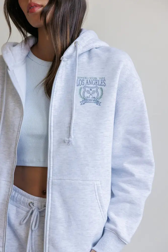 LA Crest Embroidery Zip Up Fleece Hoodie - Hoodies