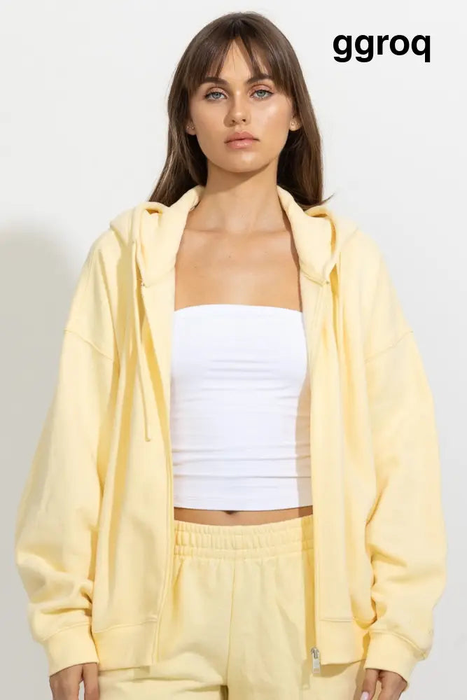 Oversized Full Zip Up Fleece Hoodie - Anise Flower Yellow / S - Hoodies