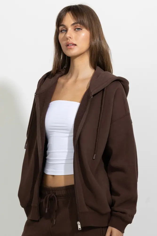 Oversized Full Zip Up Fleece Hoodie - Armadillo Brown / S - Hoodies