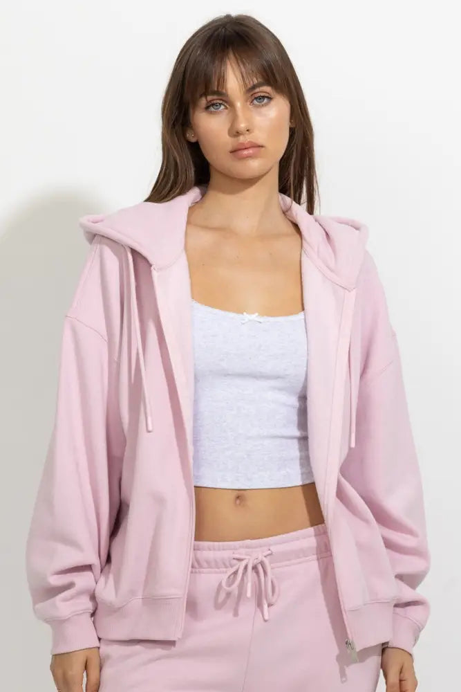 Oversized Full Zip Up Fleece Hoodie - Cupid Pink / S - Hoodies