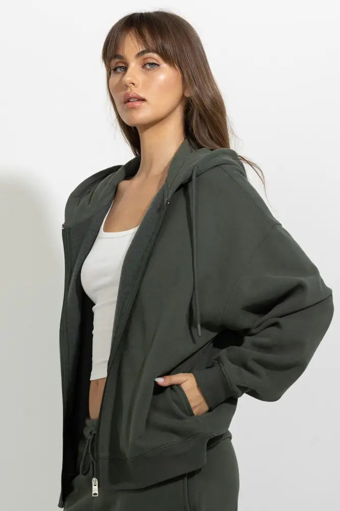 Oversized Full Zip Up Fleece Hoodie - Green / S - Hoodies