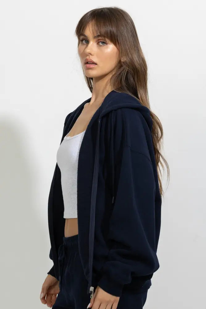 Oversized Full Zip Up Fleece Hoodie - Hoodies