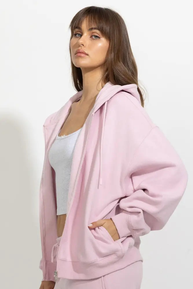 Oversized Full Zip Up Fleece Hoodie - Hoodies