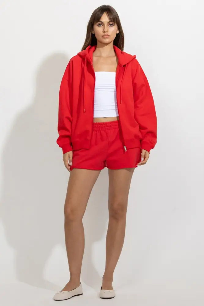 Oversized Full Zip Up Fleece Hoodie - Hoodies
