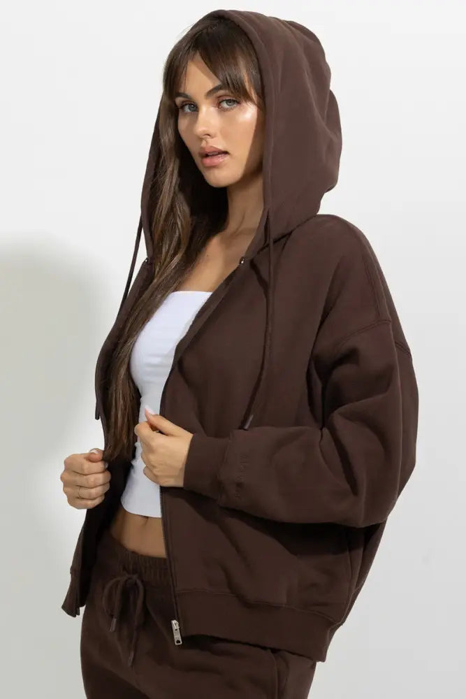 Oversized Full Zip Up Fleece Hoodie - Hoodies