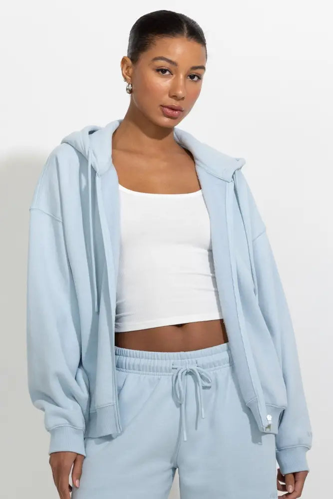 Oversized Full Zip Up Fleece Hoodie - Soft Blue / S - Hoodies