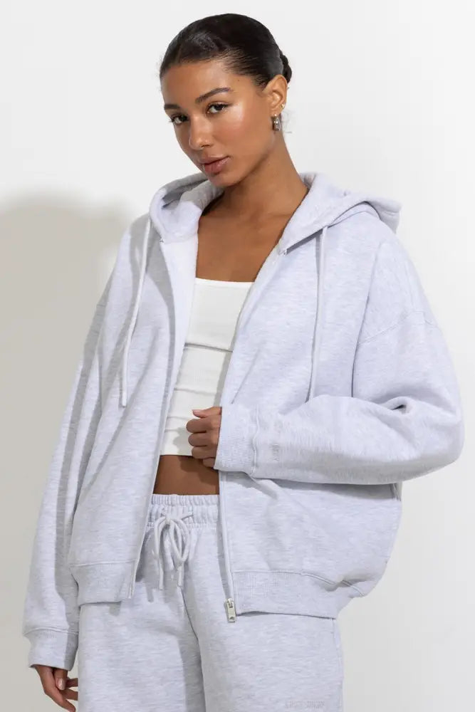 Oversized Full Zip Up Fleece Hoodie - Spring Grey Mix / S - Hoodies