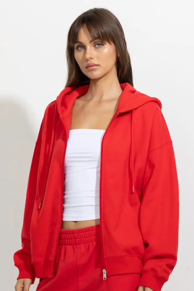 Oversized Full Zip Up Fleece Hoodie - Tomato Red / S - Hoodies