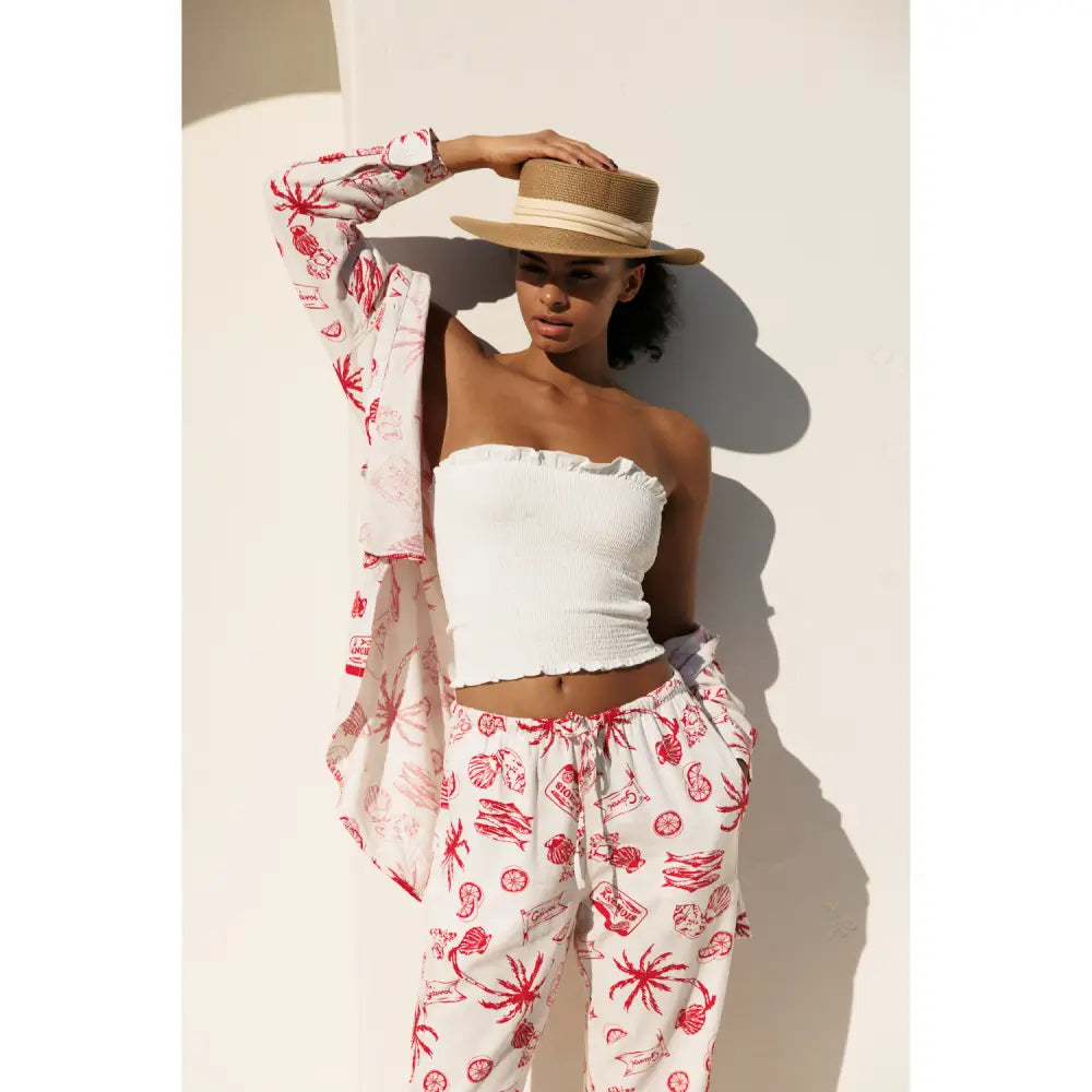 Oversized Printed Linen Shirts - Red - Shirts