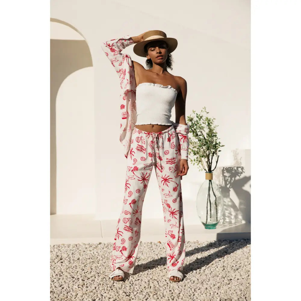 Oversized Printed Linen Shirts - Red - Shirts