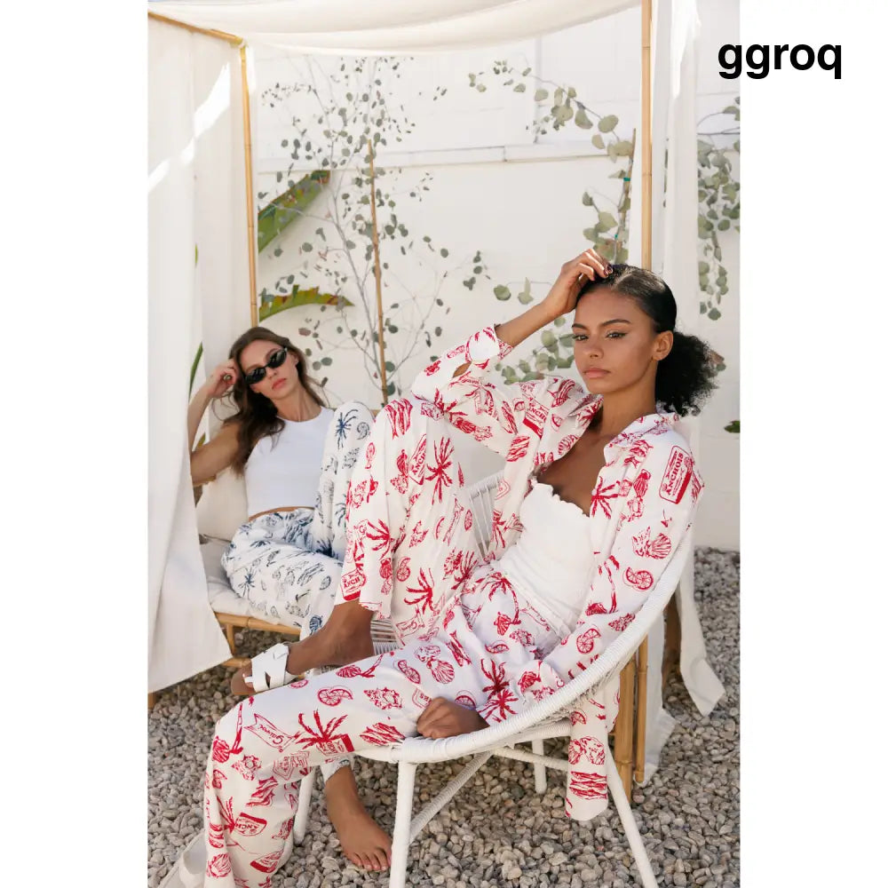 Oversized Printed Linen Shirts - Red - Shirts