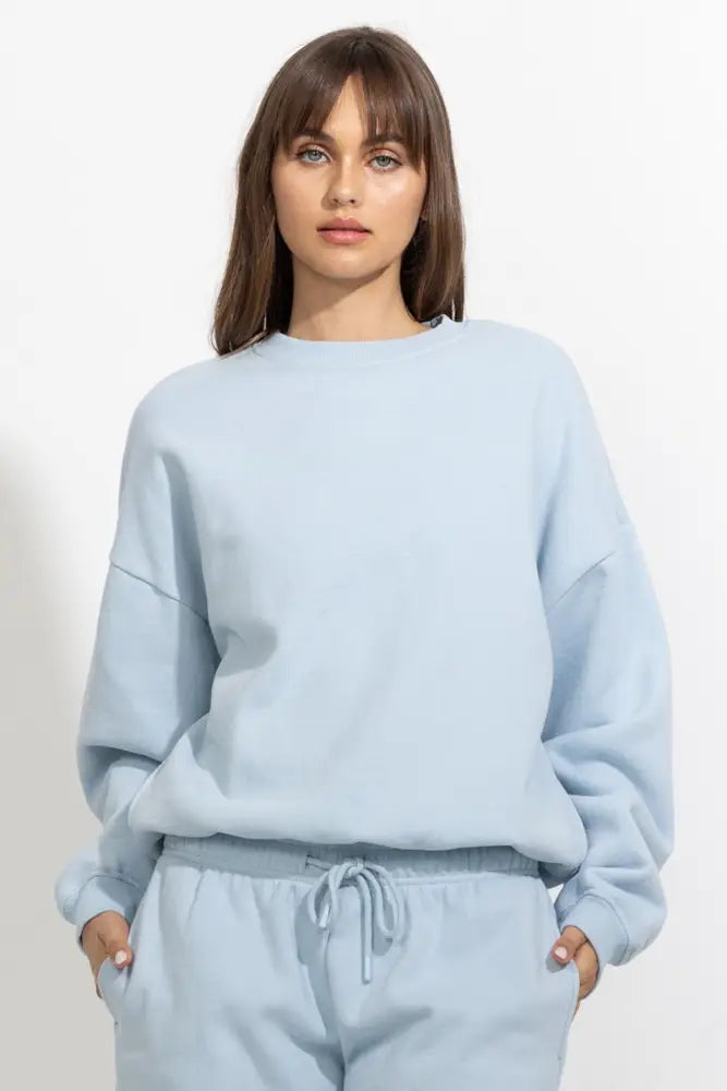 Oversized Relaxed Fleece Crewneck Sweatshirt - Soft Blue / S - Pullover