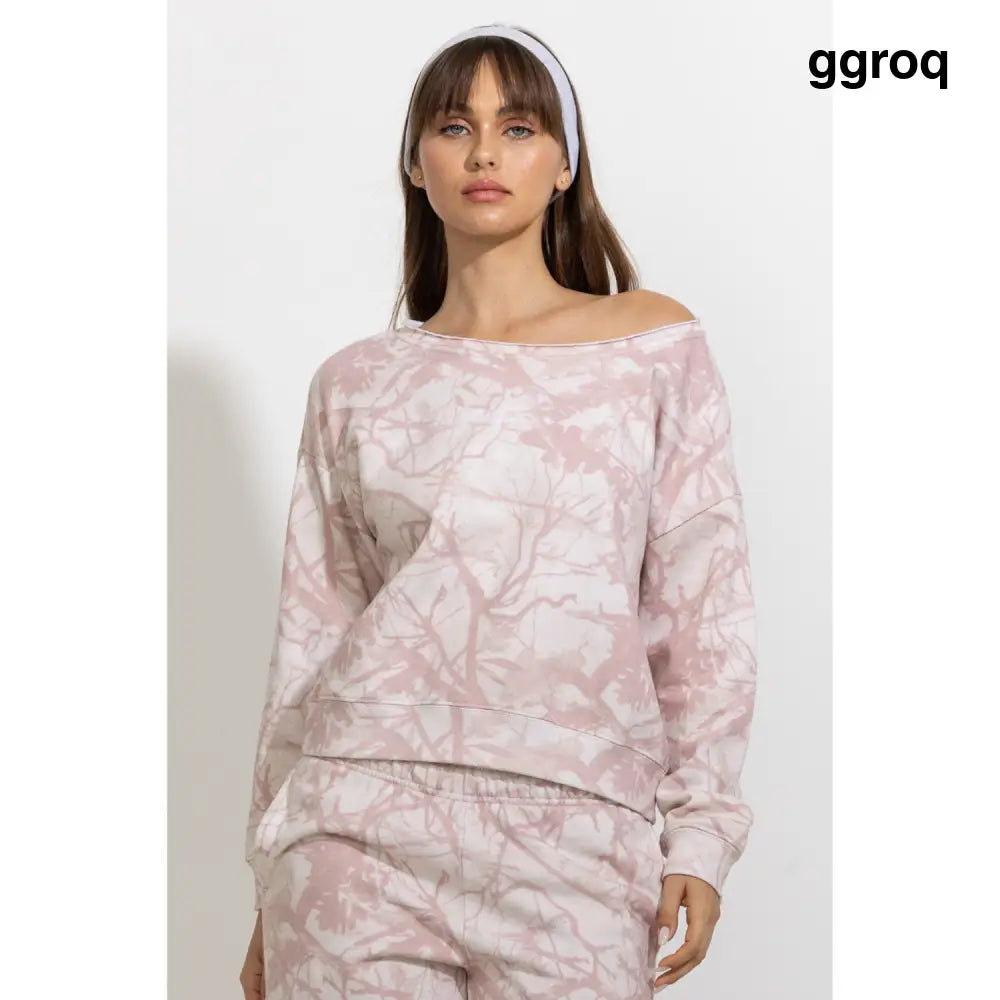 Pink Tree Camo Off-Shoulder Lounge Sweatshirt - Pullover