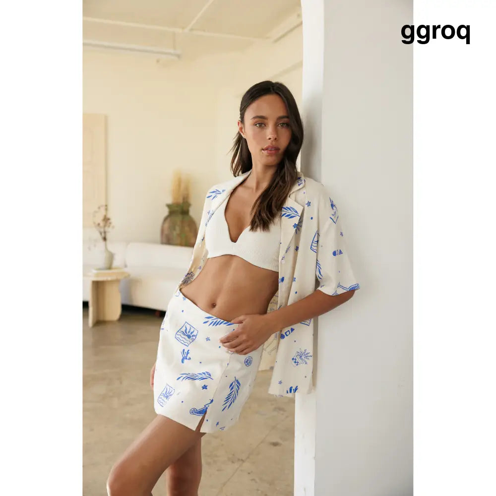 Printed Linen Oversized Shirts - Blue - Shirts