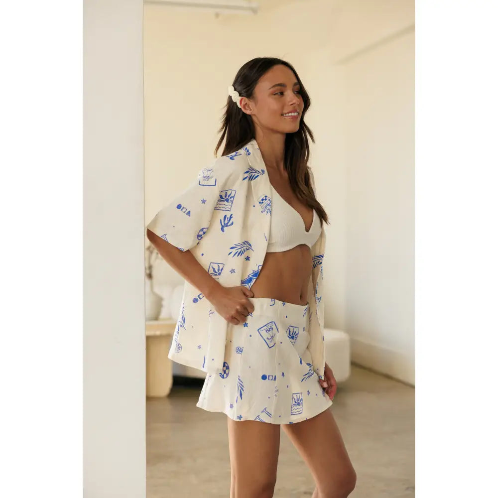 Printed Linen Oversized Shirts - Blue - Shirts