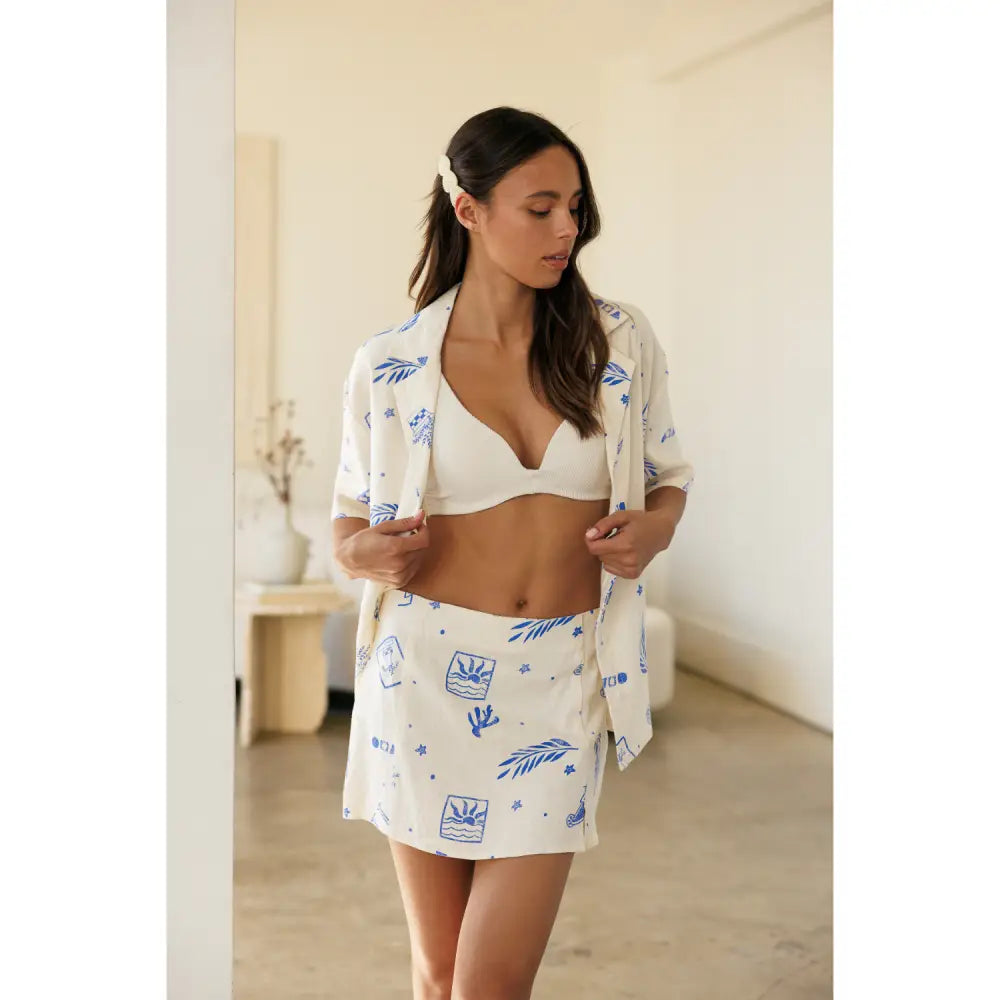 Printed Linen Oversized Shirts - Blue - Shirts