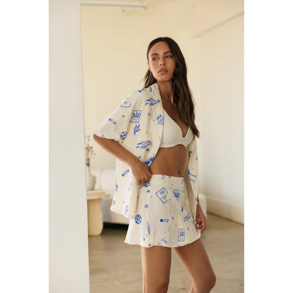 Printed Linen Oversized Shirts - Blue - Shirts