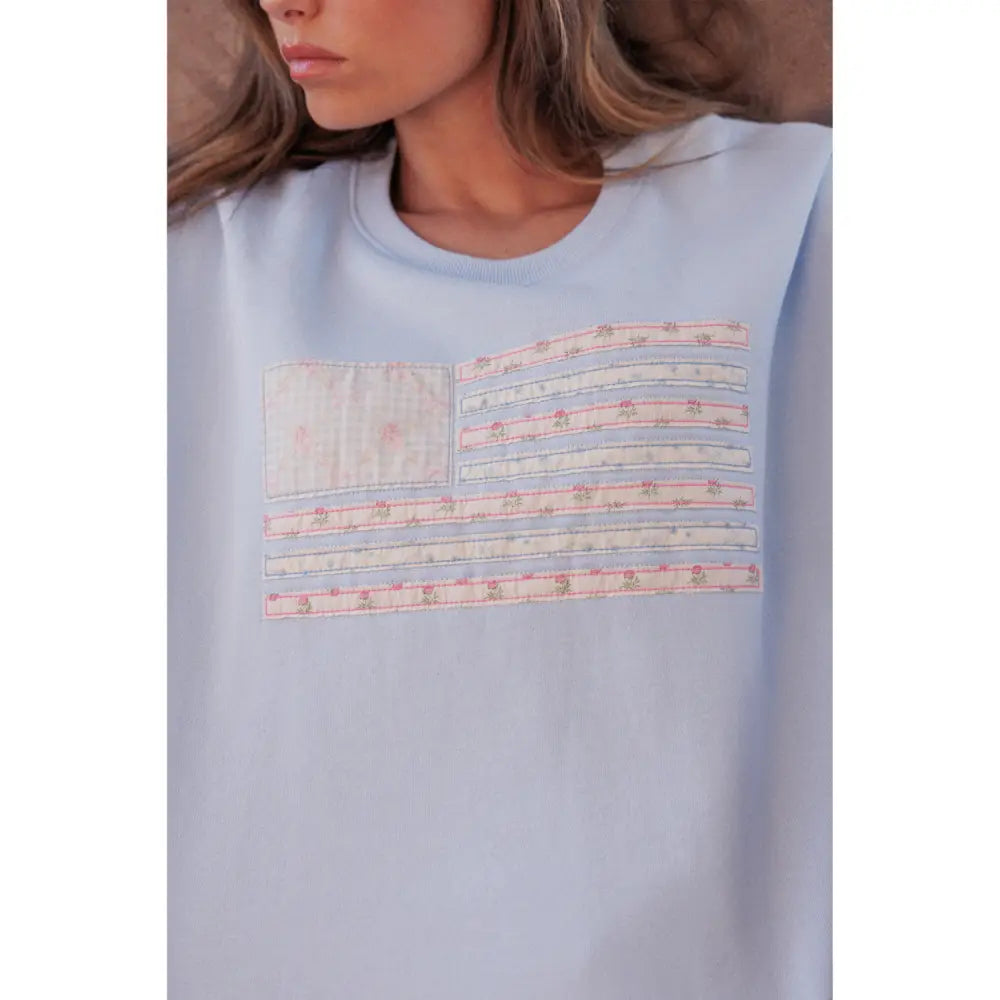USA Flag floral patched Crewneck Sweatshirt - Whispy Blue - Pullover