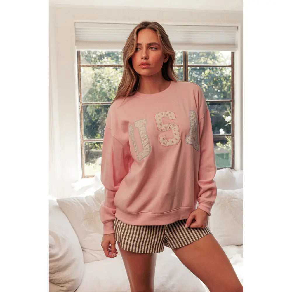 USA Floral Patched Crewneck Sweatshirt - Ballerina - Pullover