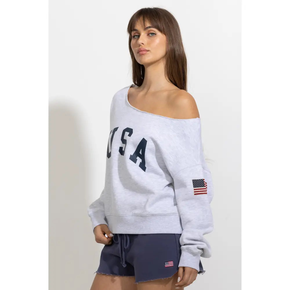 USA Printed Off Shoulder Sweatshirt - Sweatshirts