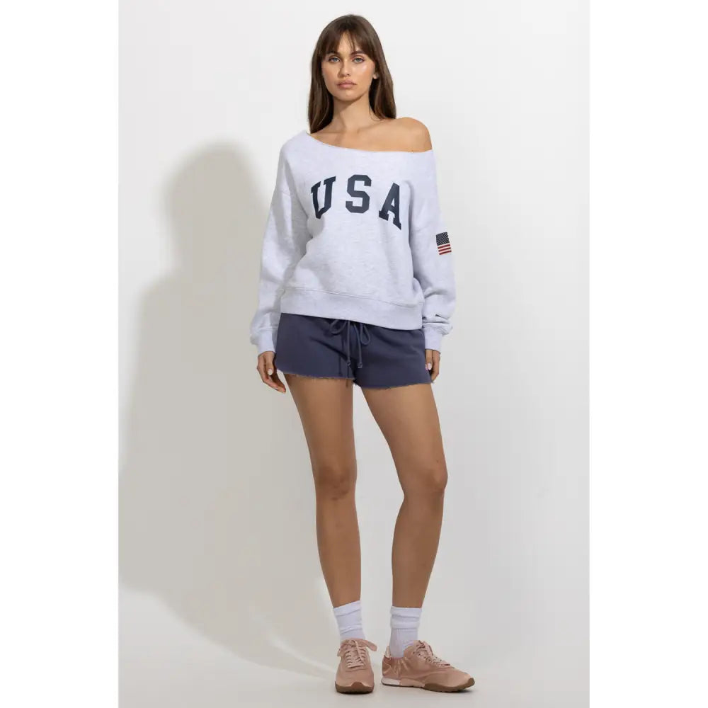USA Printed Off Shoulder Sweatshirt - Sweatshirts