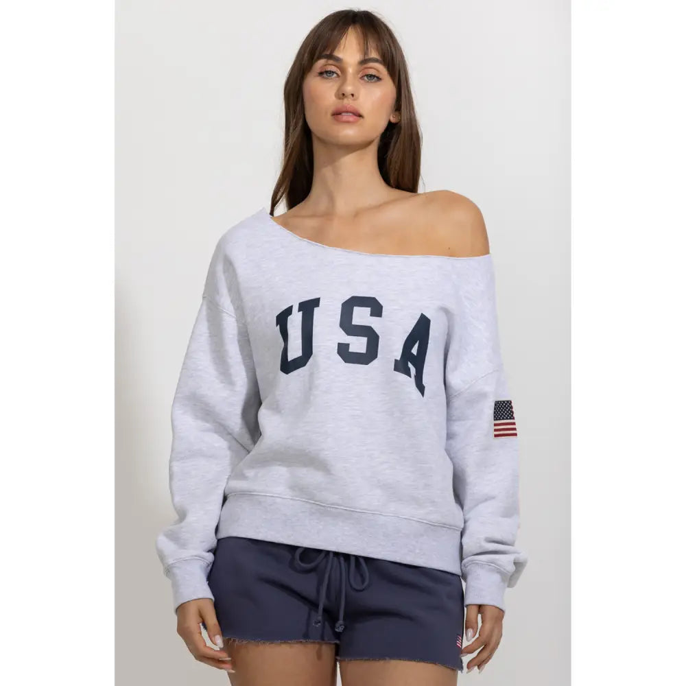USA Printed Off Shoulder Sweatshirt - Sweatshirts