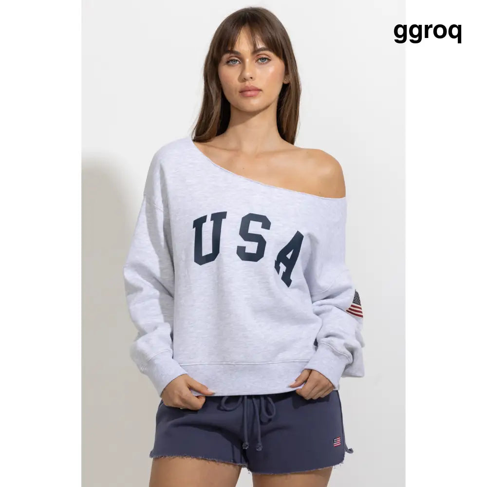 USA Printed Off Shoulder Sweatshirt - Sweatshirts