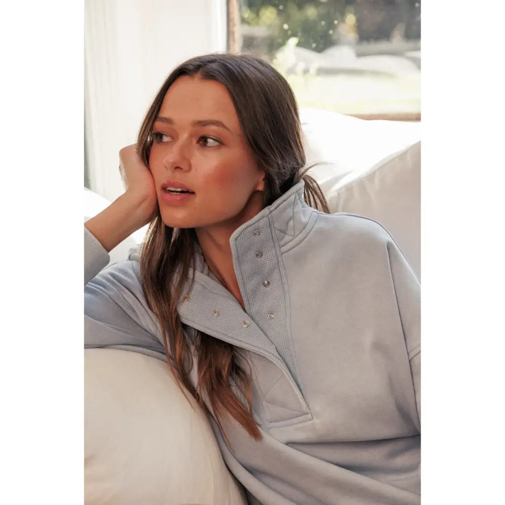 Vintage Washed Snap Buttoned Sweatshirt - Washed Cloud Blue - Pullover